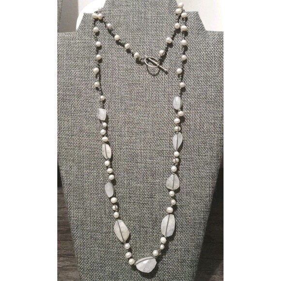 J. Jill Jewelry - J Jill Rough Moonstone Real Pearl Silver Tone Necklace Missing J Jill Tag